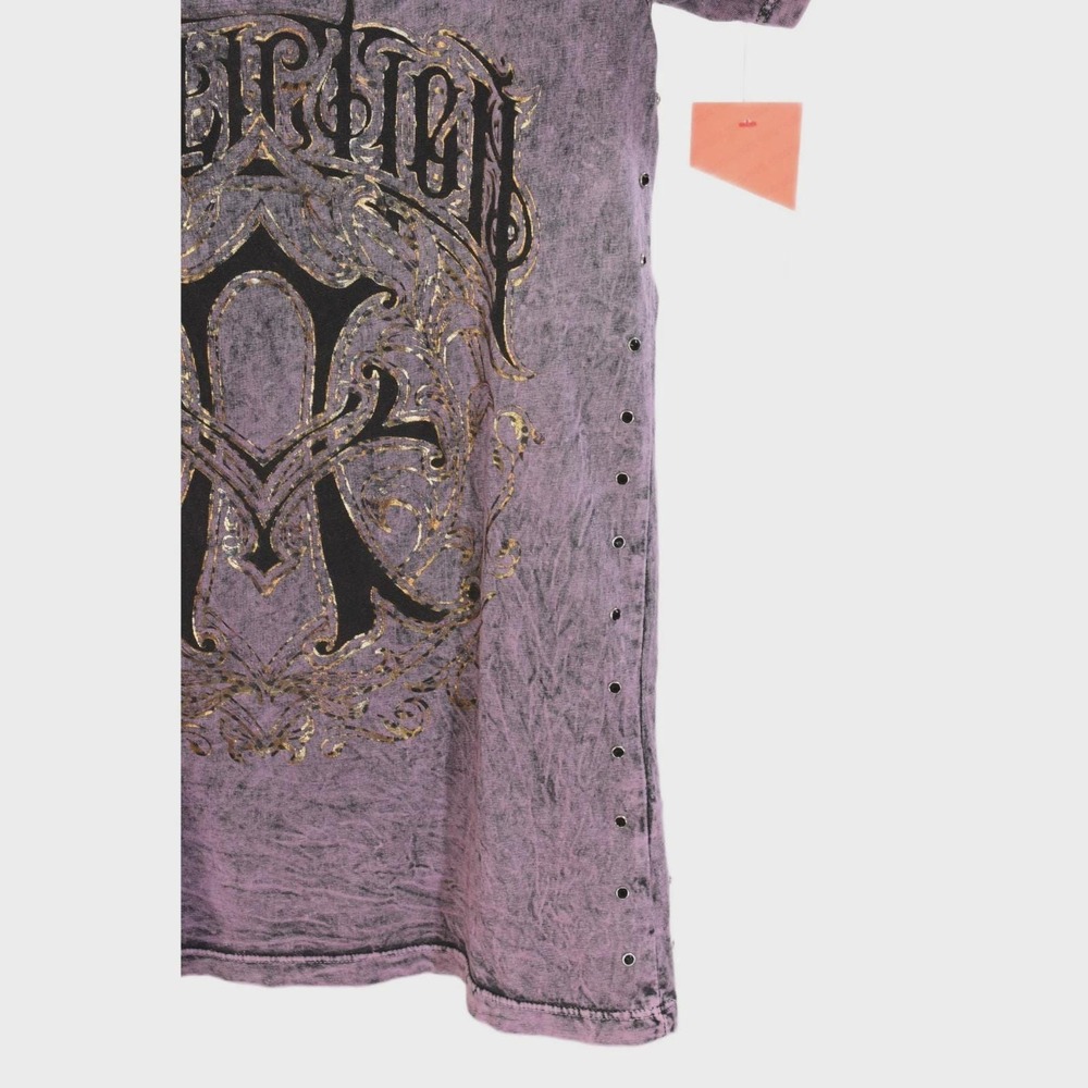 Y2k Affliction T Shirt Womens L Iconic Steel Cut Out Purple Studded Braided - Picture 5 of 8